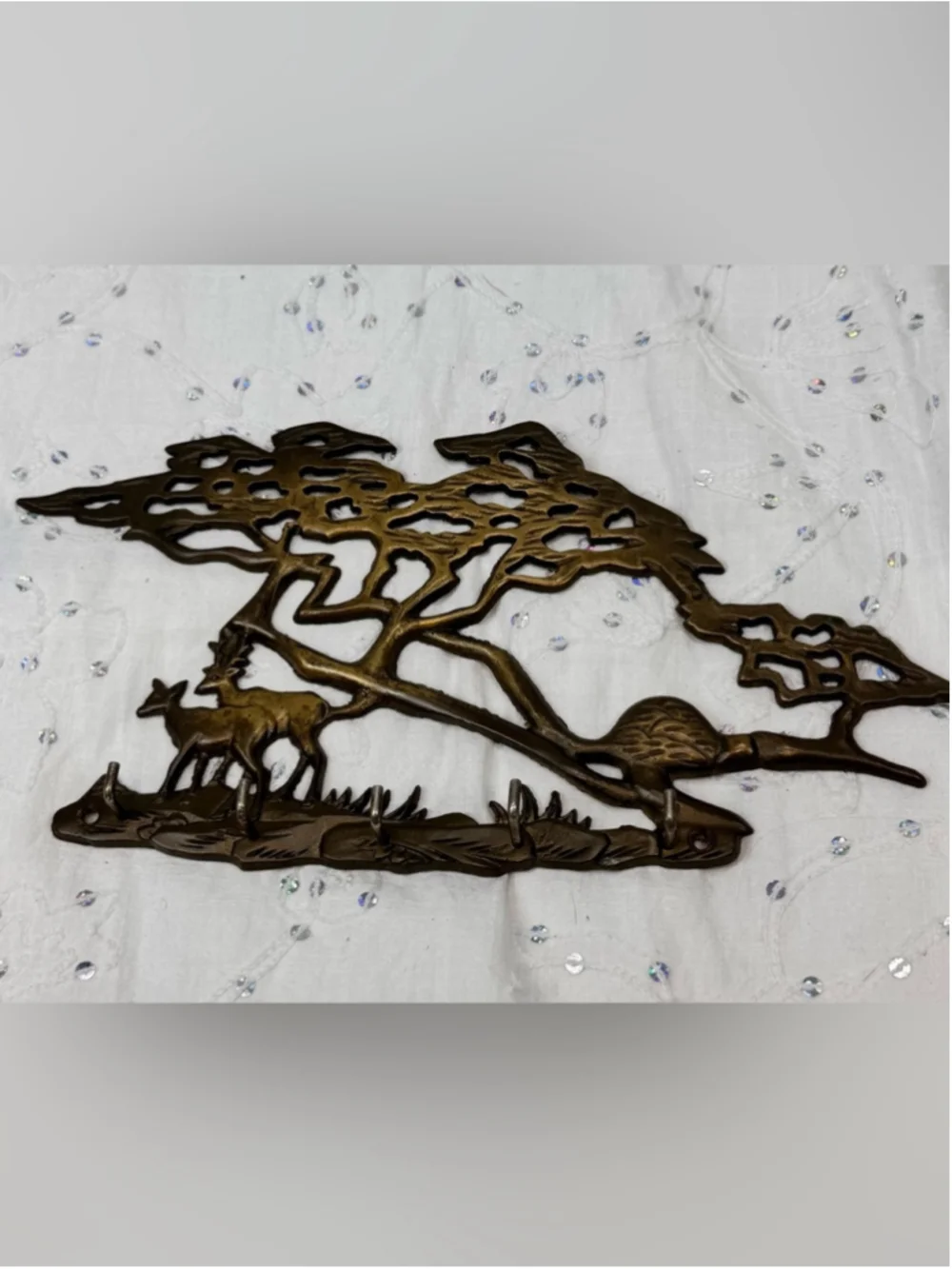 Vintage Mid Century Solid Brass Deer & Pine Tree Wall Key Rack- 5 Hooks 12”